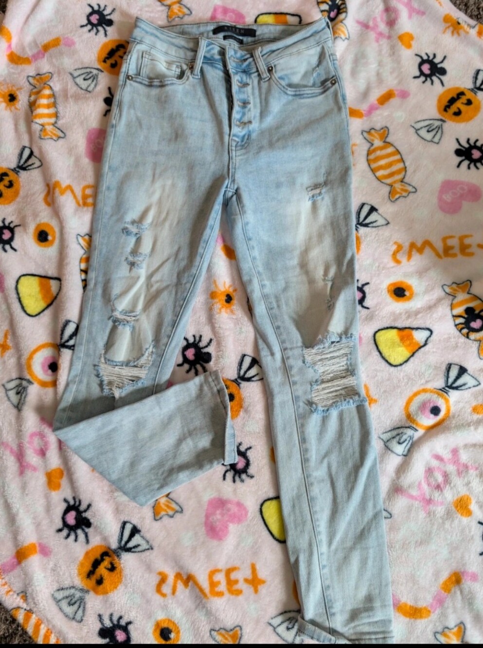 Risen Light Blue Distressed Skinny Jeans with Button Fly